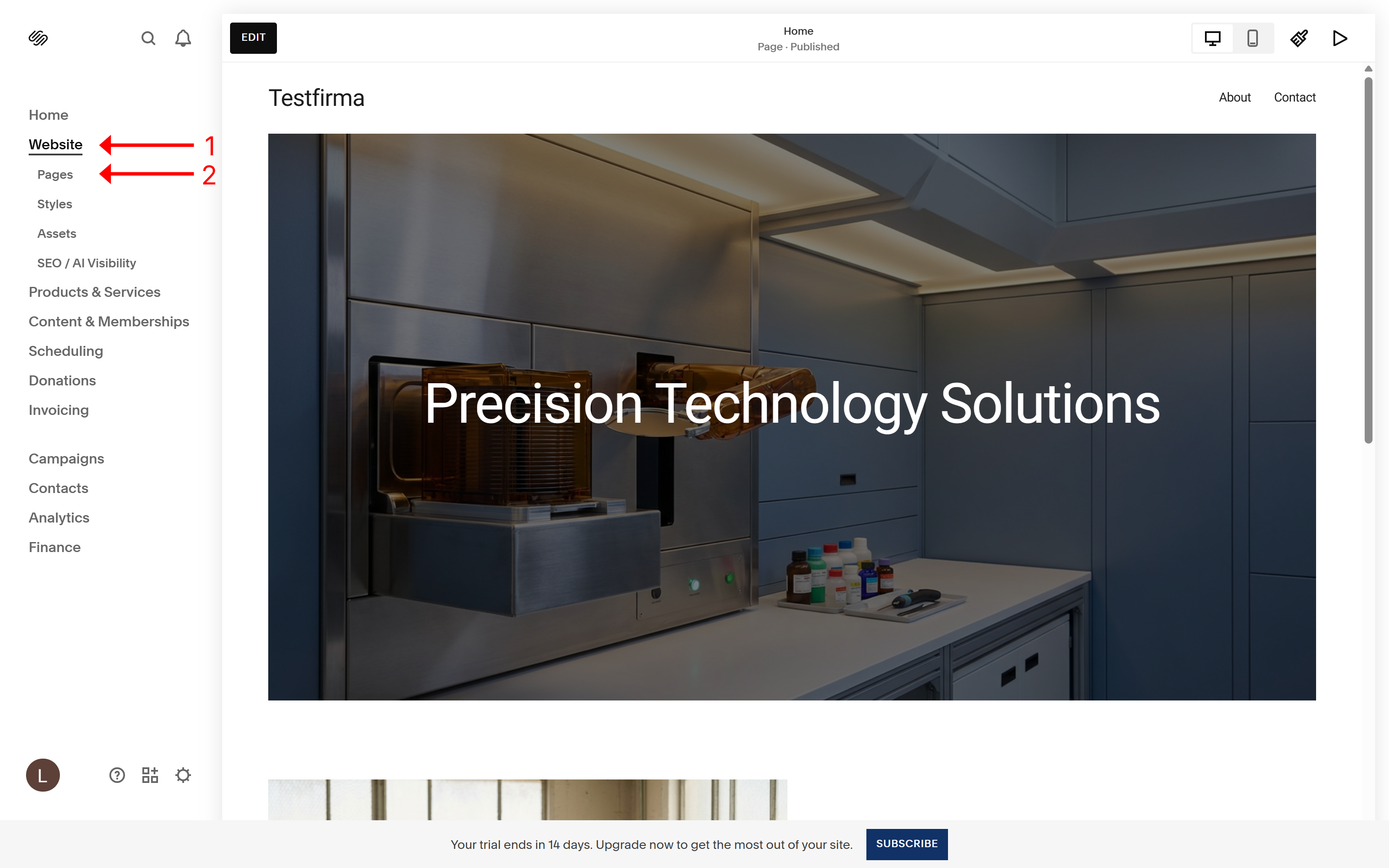 Website-menyen utfoldet med undervalget Pages