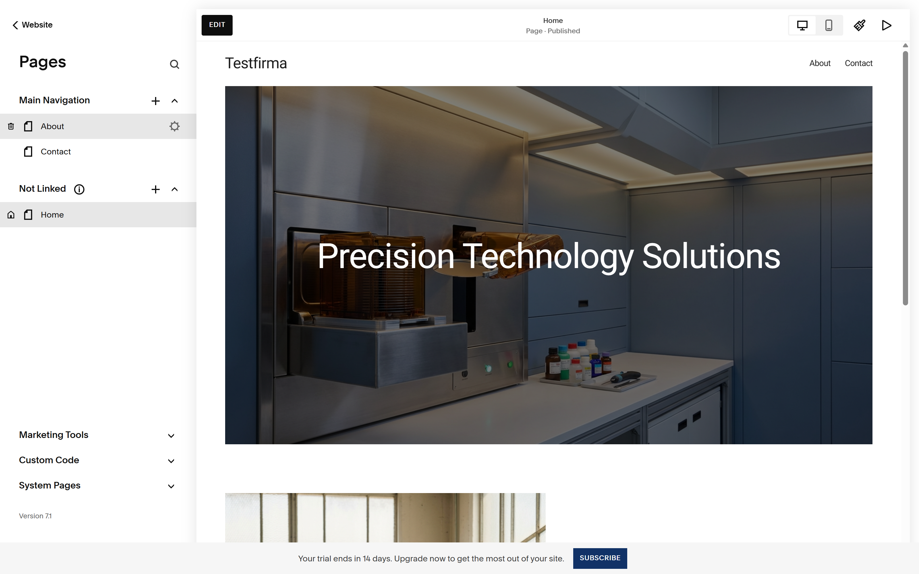 Pages-panelet i Squarespace med seksjonen Custom Code nederst