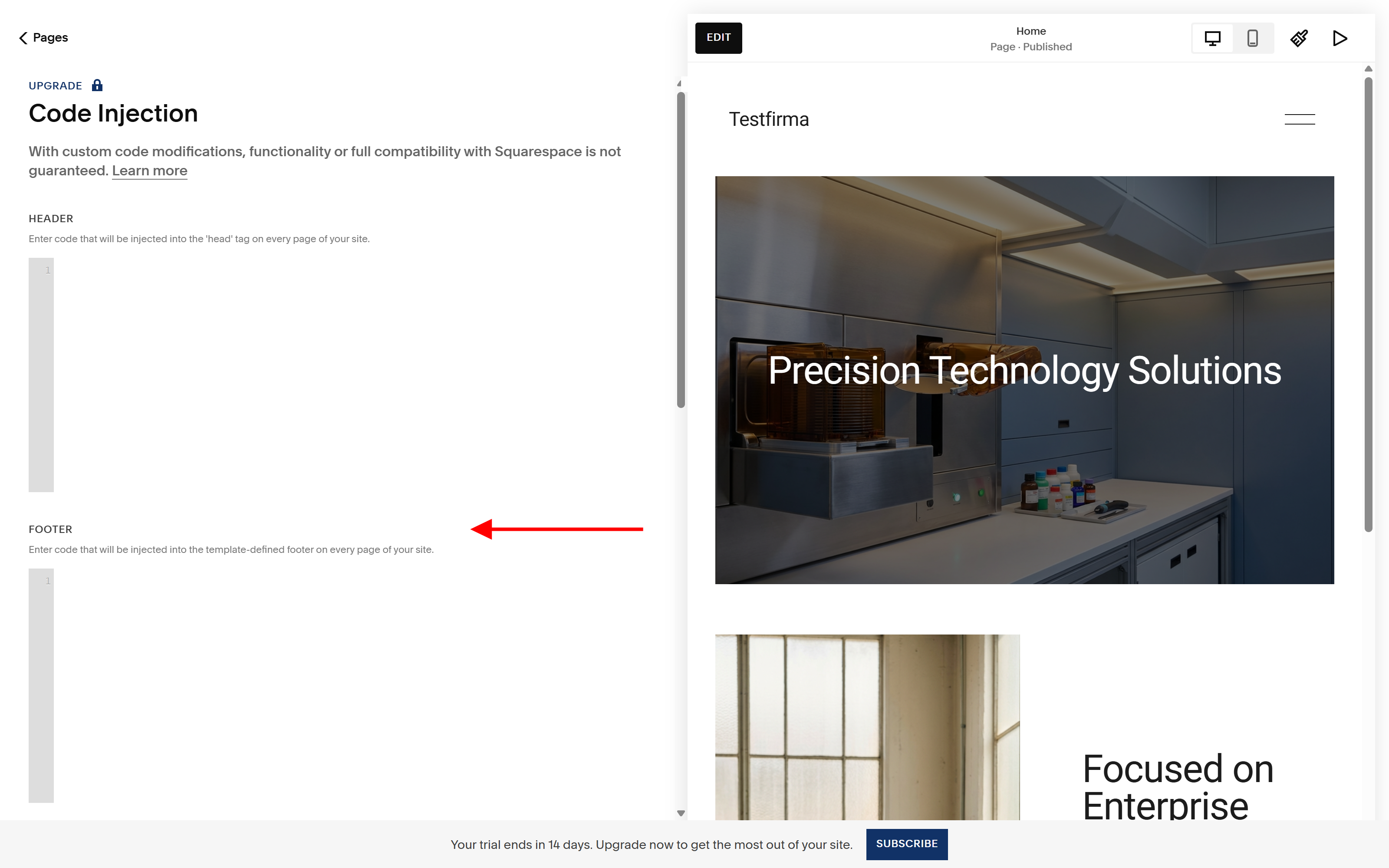 Code Injection-siden i Squarespace med tomt Footer-felt